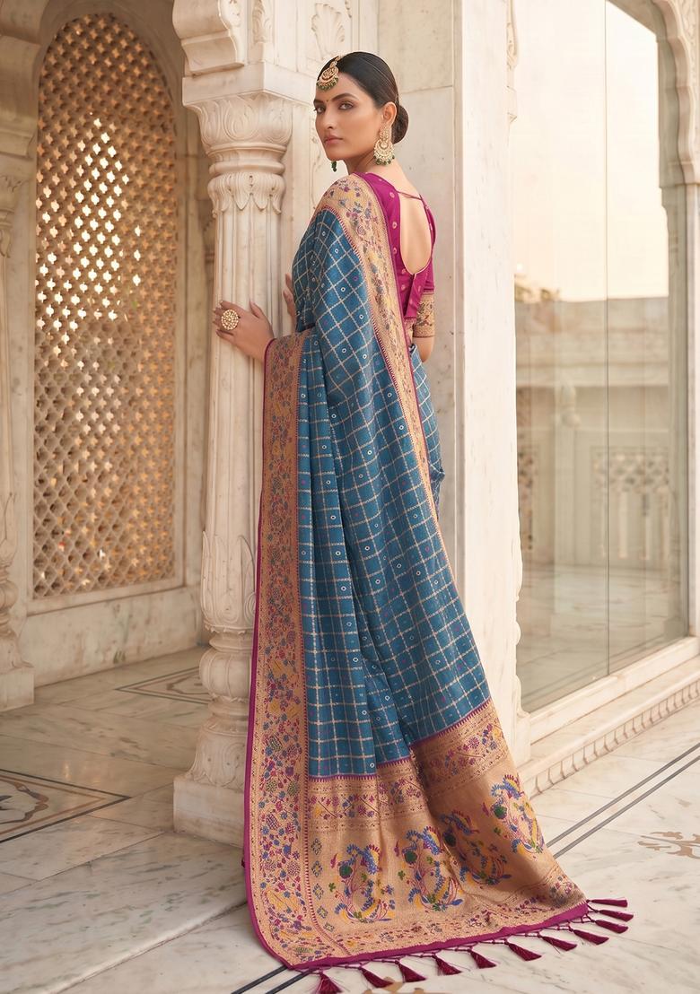 Blue Zari Work Silk Saree Set - Indya