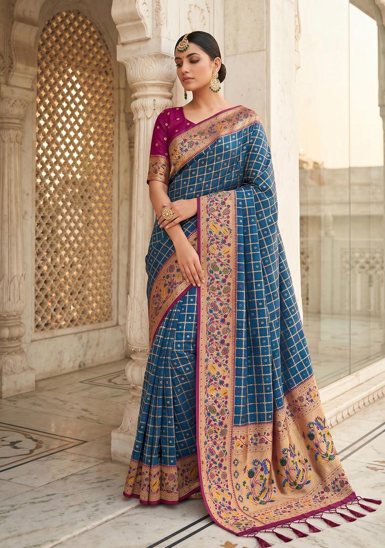 Blue Zari Work Silk Saree Set - Indya