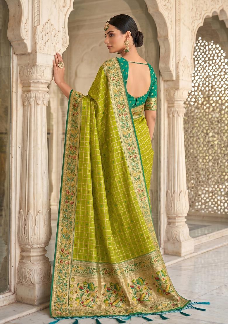 Green Zari Work Silk Saree Set - Indya