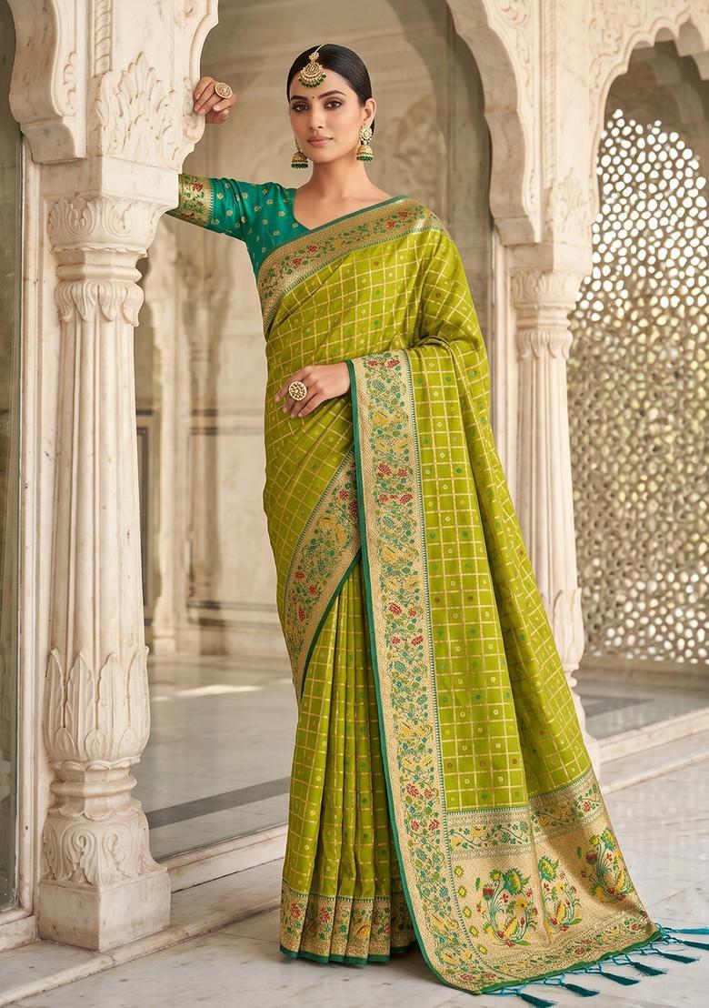 Green Zari Work Silk Saree Set - Indya