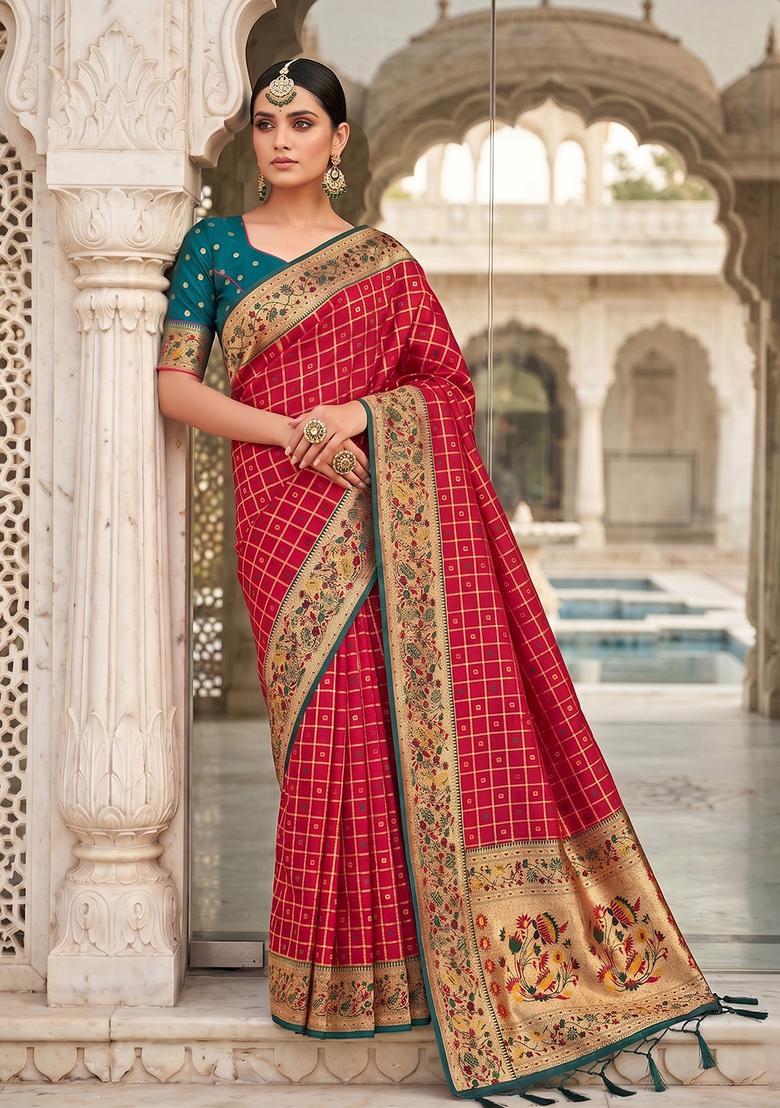Pink Zari Work Silk Saree Set - Indya