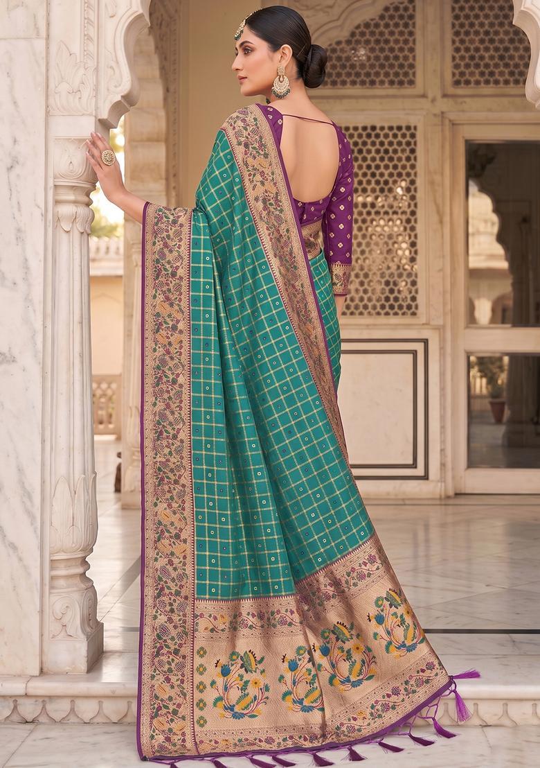 Green Zari Work Silk Saree Set - Indya