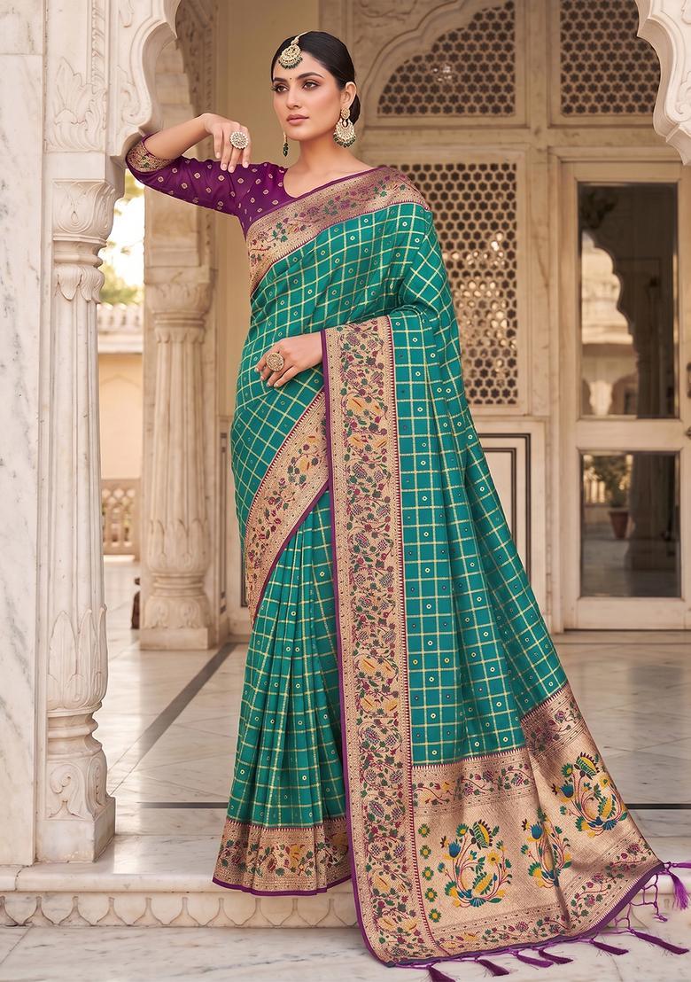 Green Zari Work Silk Saree Set - Indya
