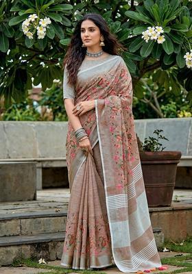 Brown Embroidery Cotton Saree Set