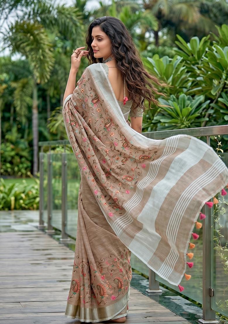 Brown Embroidery Cotton Saree Set - Indya