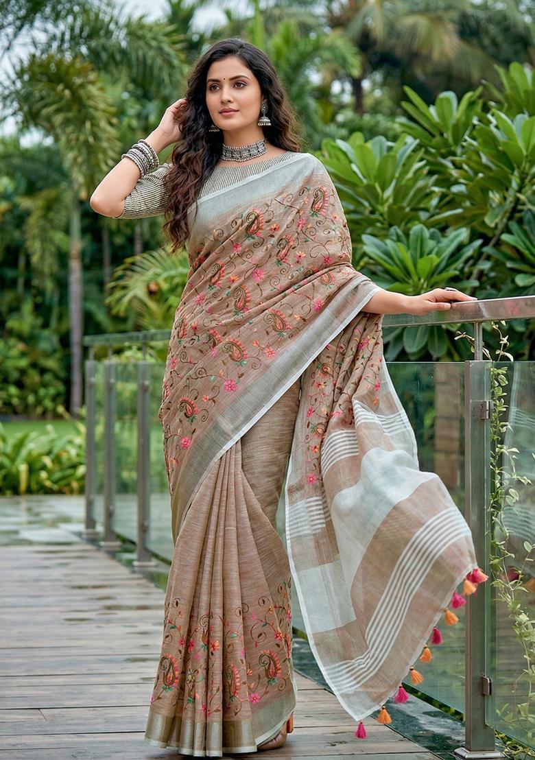 Brown Embroidery Cotton Saree Set - Indya