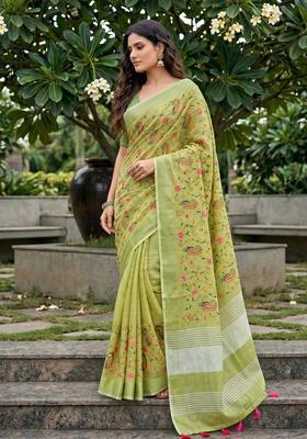Green Embroidery Cotton Saree Set