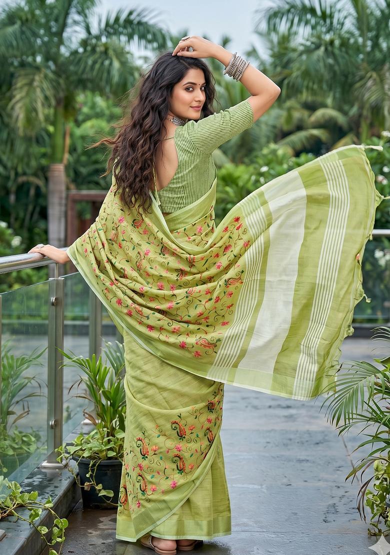 Green Embroidery Cotton Saree Set - Indya