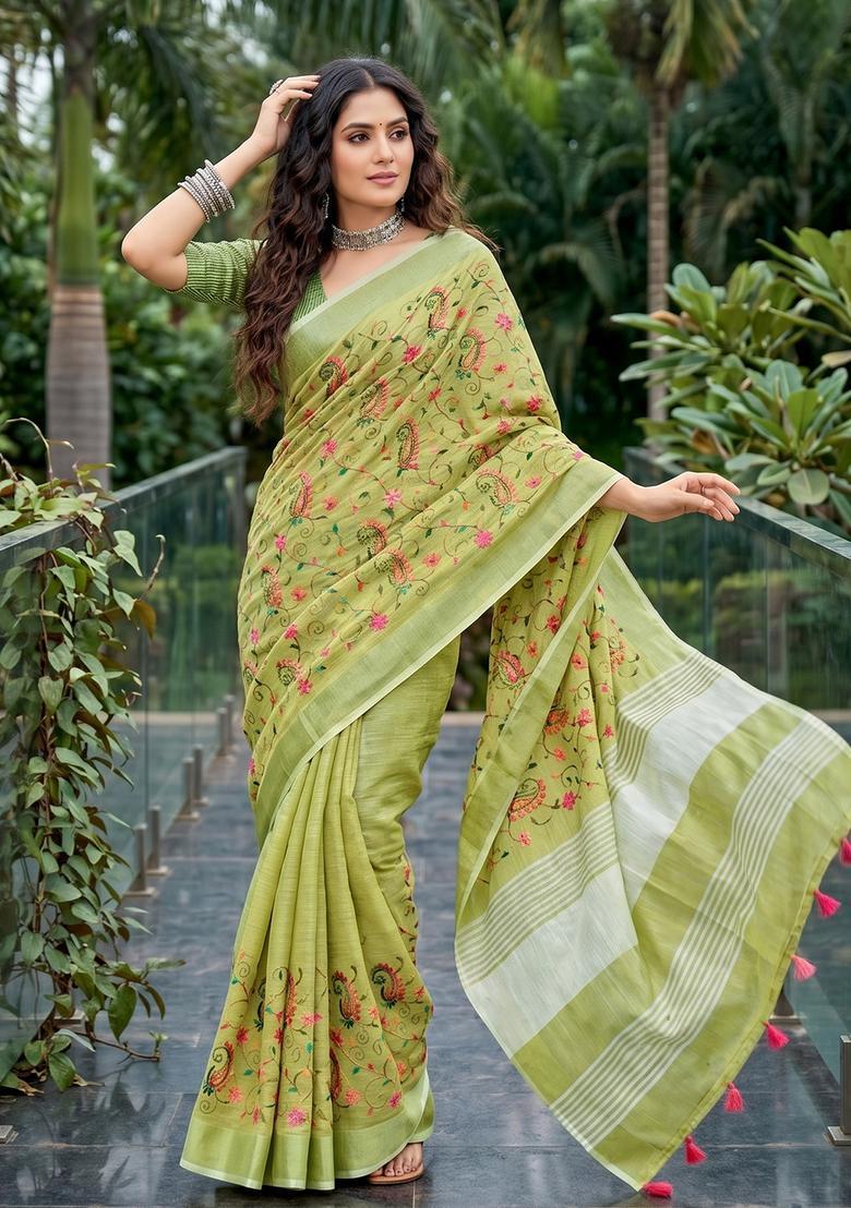 Green Embroidery Cotton Saree Set - Indya