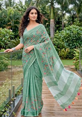 Sea Green Embroidery Cotton Saree Set