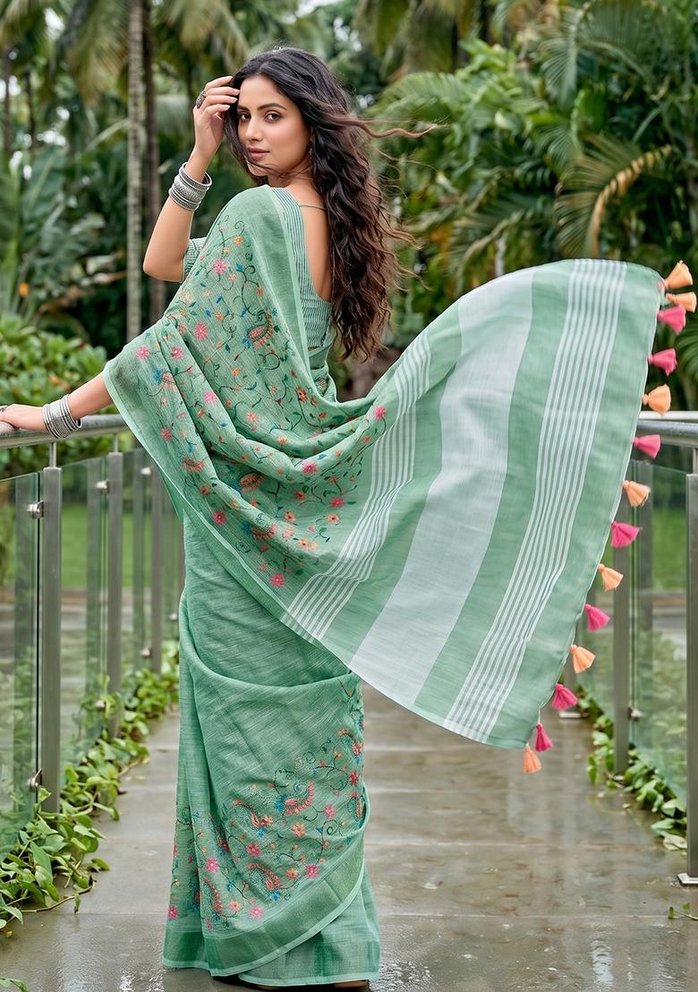 Sea Green Embroidery Cotton Saree Set - Indya