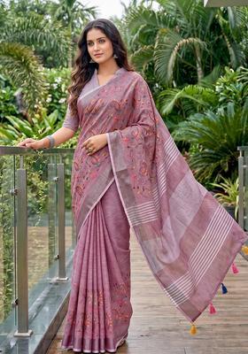 Purple Embroidery Cotton Saree Set