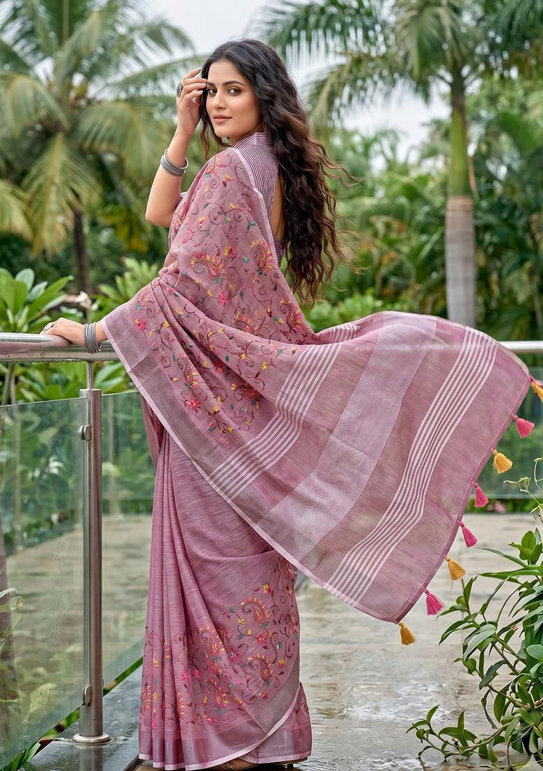 Purple Embroidery Cotton Saree Set - Indya