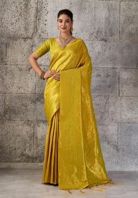 Mustard Zari Work Silk Saree Set