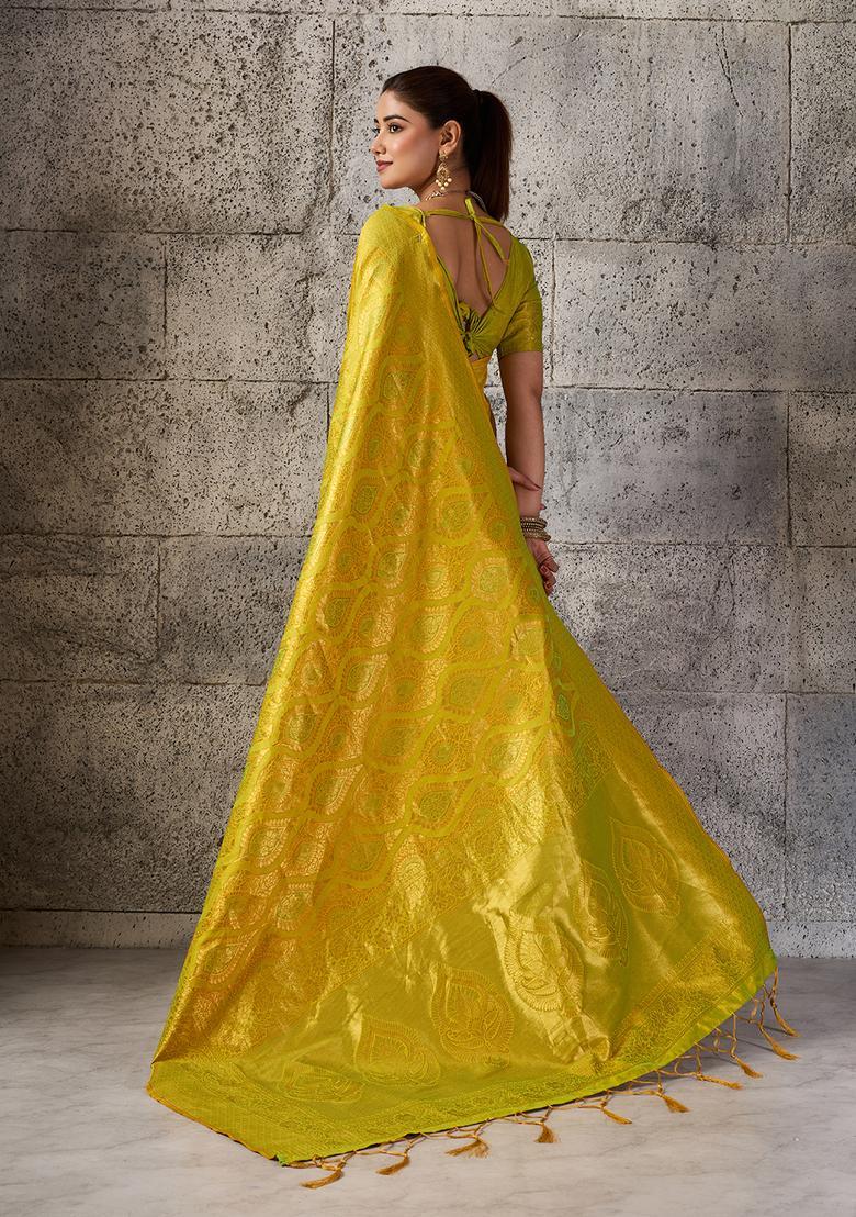 Mustard Zari Work Silk Saree Set - Indya