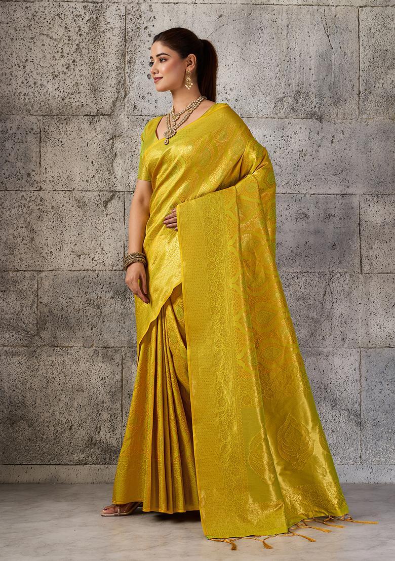 Mustard Zari Work Silk Saree Set - Indya