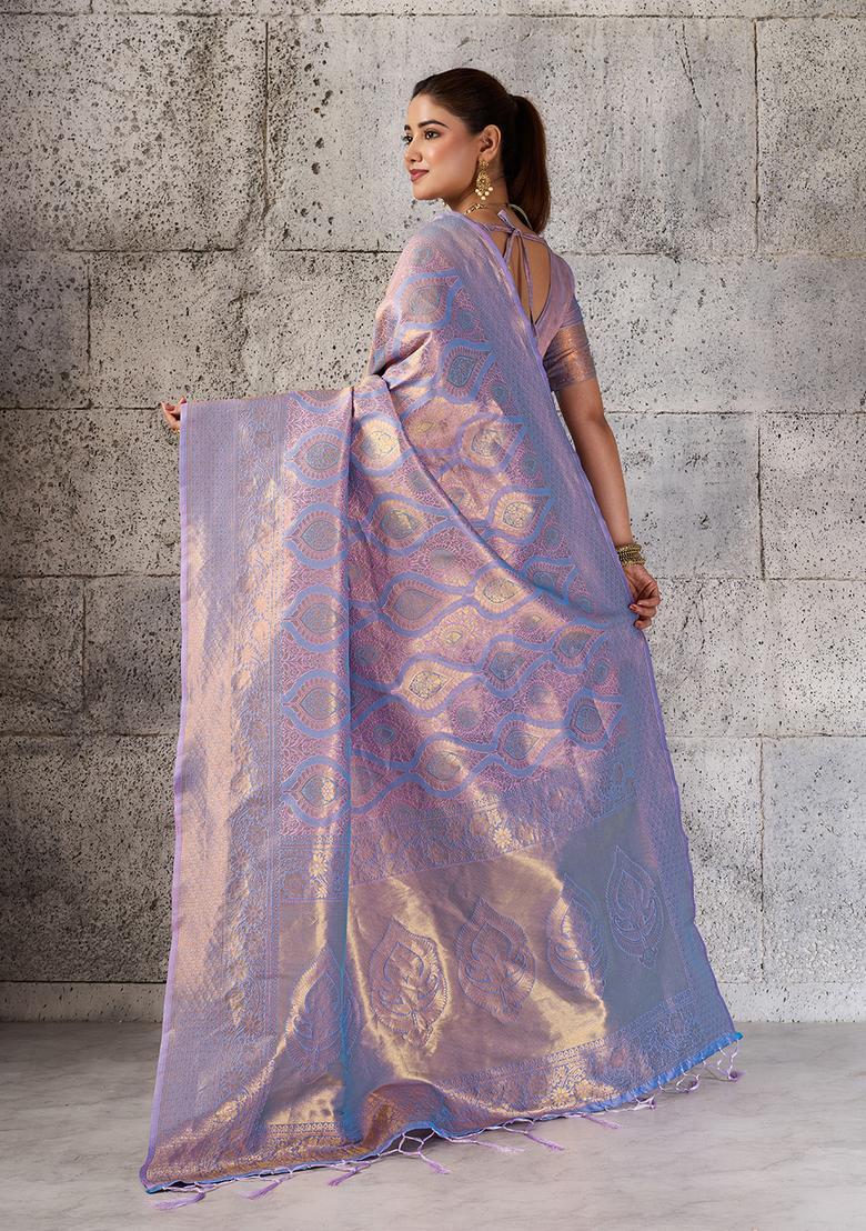 Lavender Zari Work Silk Saree Set - Indya