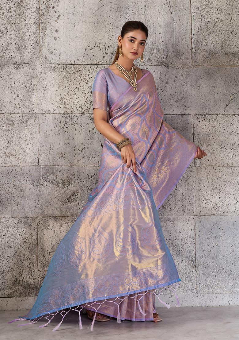 Lavender Zari Work Silk Saree Set - Indya