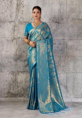 Teal Blue Zari Work Silk Saree Set
