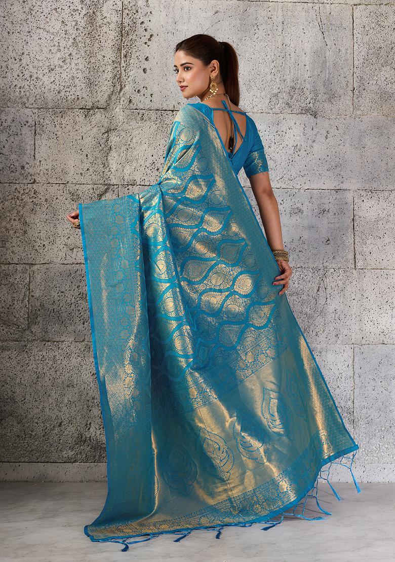 Teal Blue Zari Work Silk Saree Set - Indya