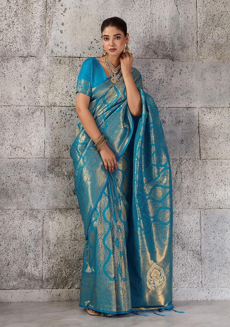 Teal Blue Zari Work Silk Saree Set - Indya