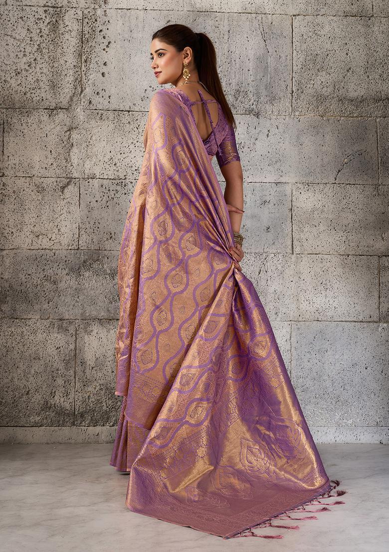 Purple Zari Work Silk Saree Set - Indya