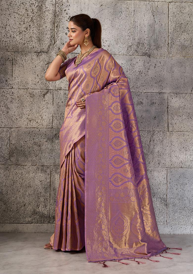 Purple Zari Work Silk Saree Set - Indya
