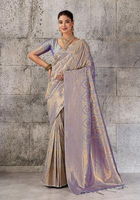 Grey Zari Work Silk Saree Set