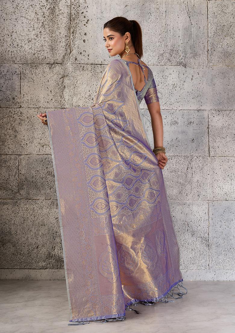 Grey Zari Work Silk Saree Set - Indya
