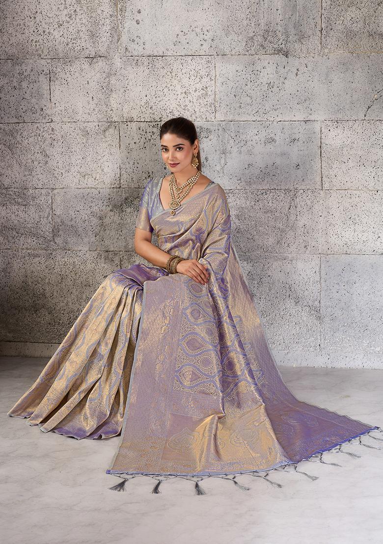 Grey Zari Work Silk Saree Set - Indya
