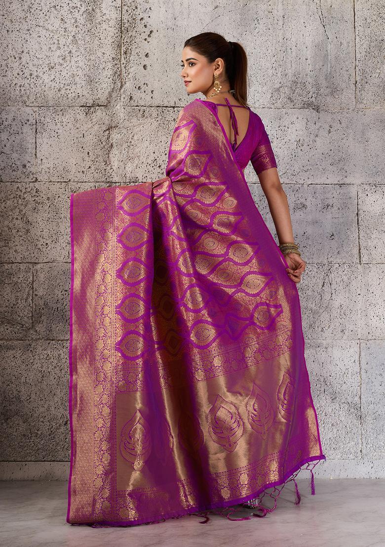 Magenta Zari Work Silk Saree Set - Indya