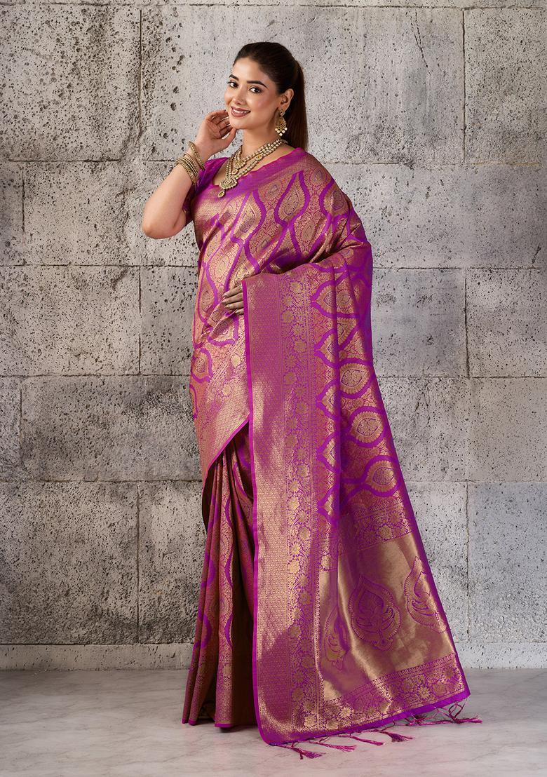 Magenta Zari Work Silk Saree Set - Indya