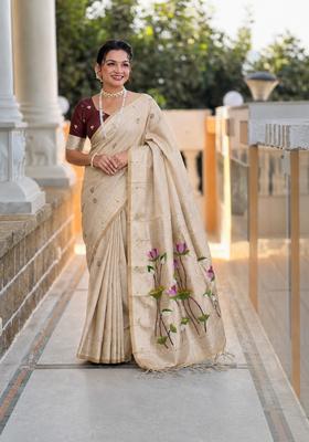 Cream Zari Work Silk Saree Set