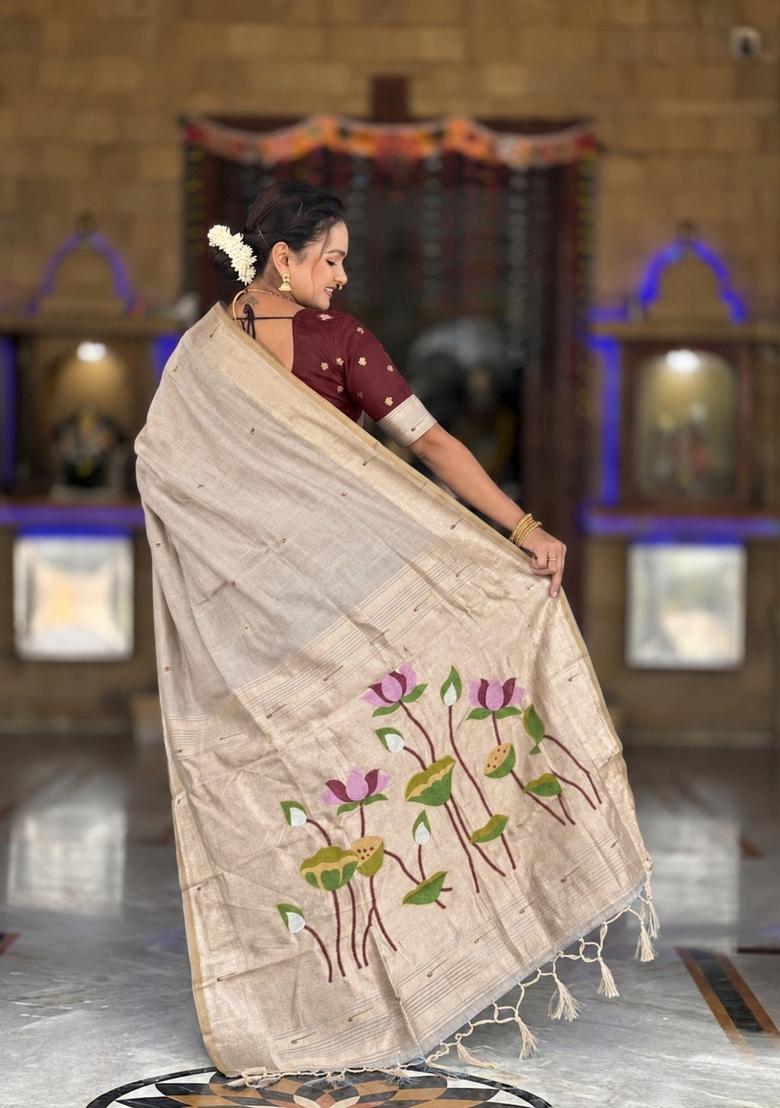 Cream Zari Work Silk Saree Set - Indya