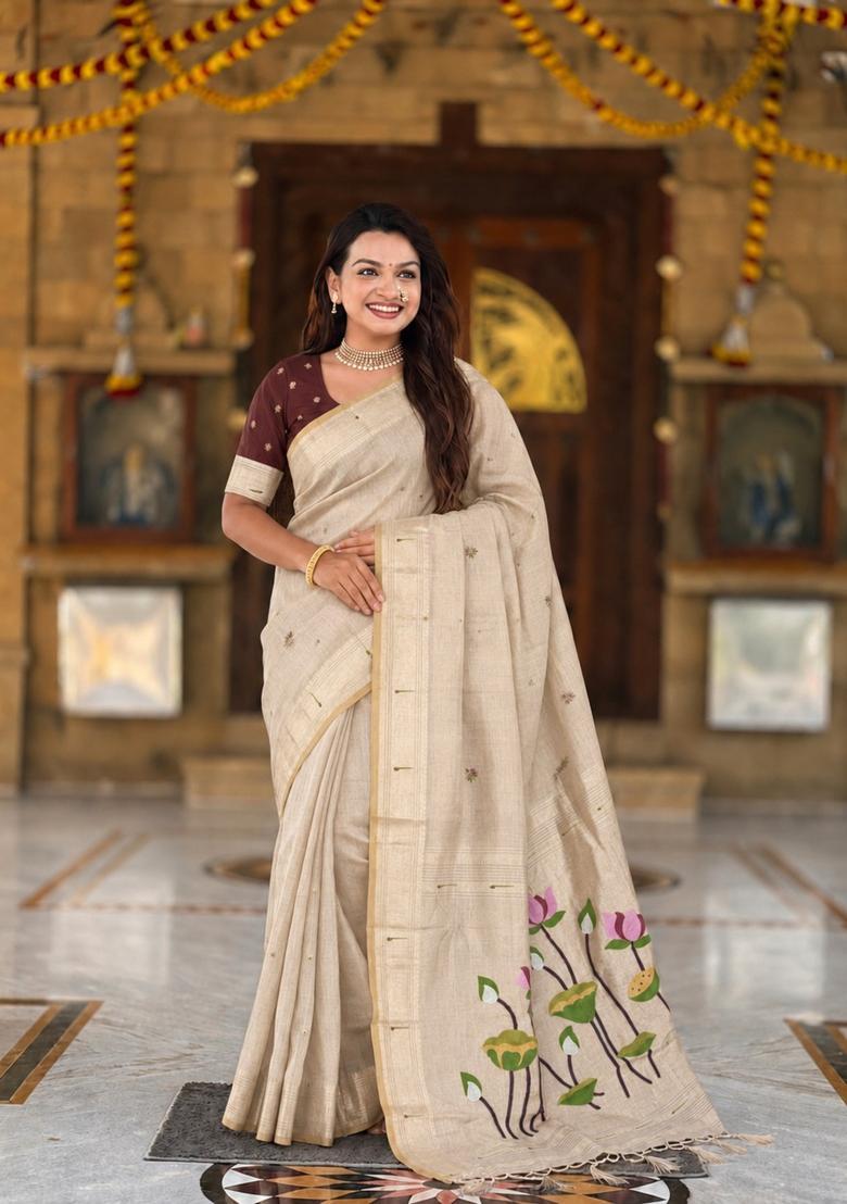 Cream Zari Work Silk Saree Set - Indya