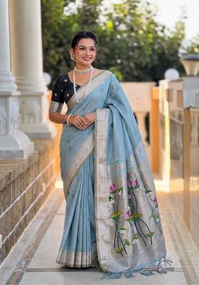 Blue Zari Work Silk Saree Set