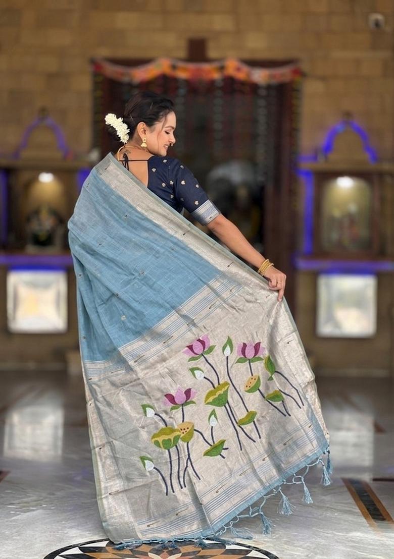 Blue Zari Work Silk Saree Set - Indya