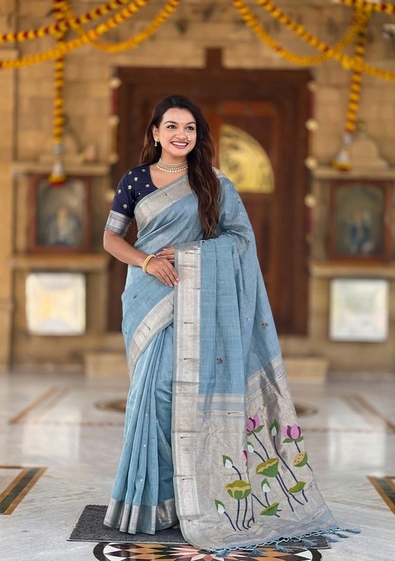 Blue Zari Work Silk Saree Set - Indya