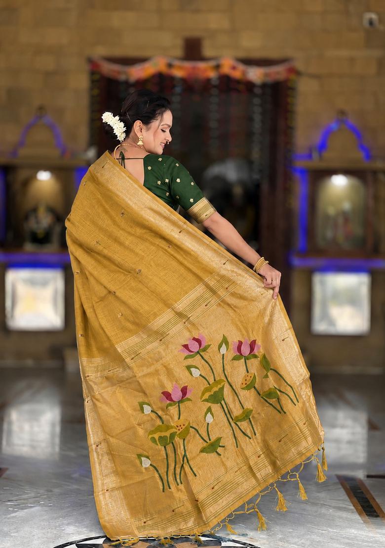 Mustard Zari Work Silk Saree Set - Indya