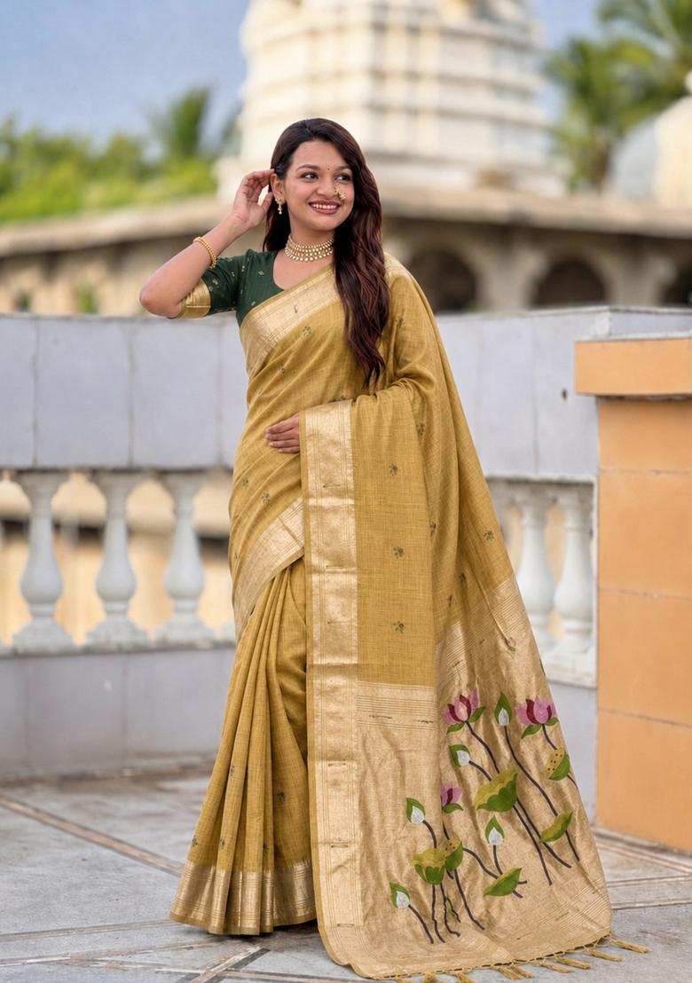 Mustard Zari Work Silk Saree Set - Indya