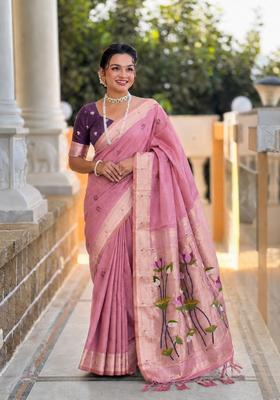 Pink Zari Work Silk Saree Set