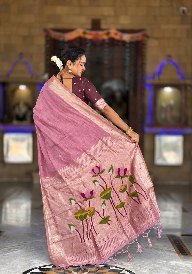 Pink Zari Work Silk Saree Set - Indya