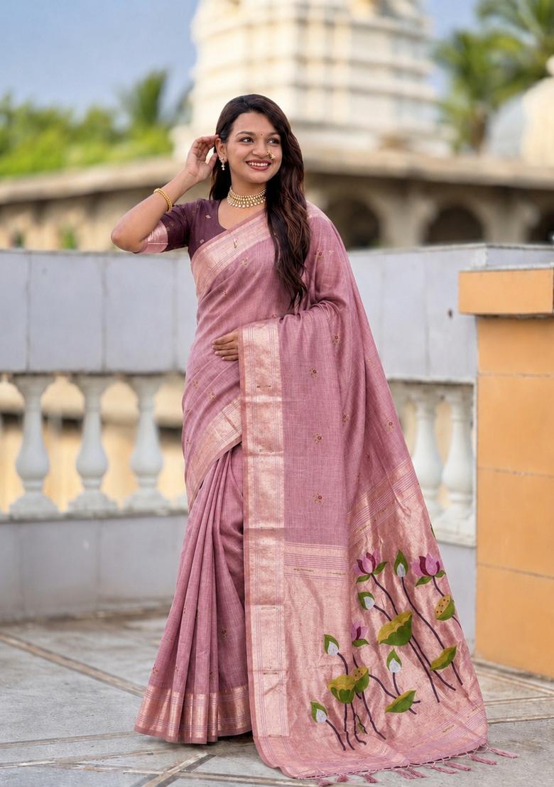 Pink Zari Work Silk Saree Set - Indya
