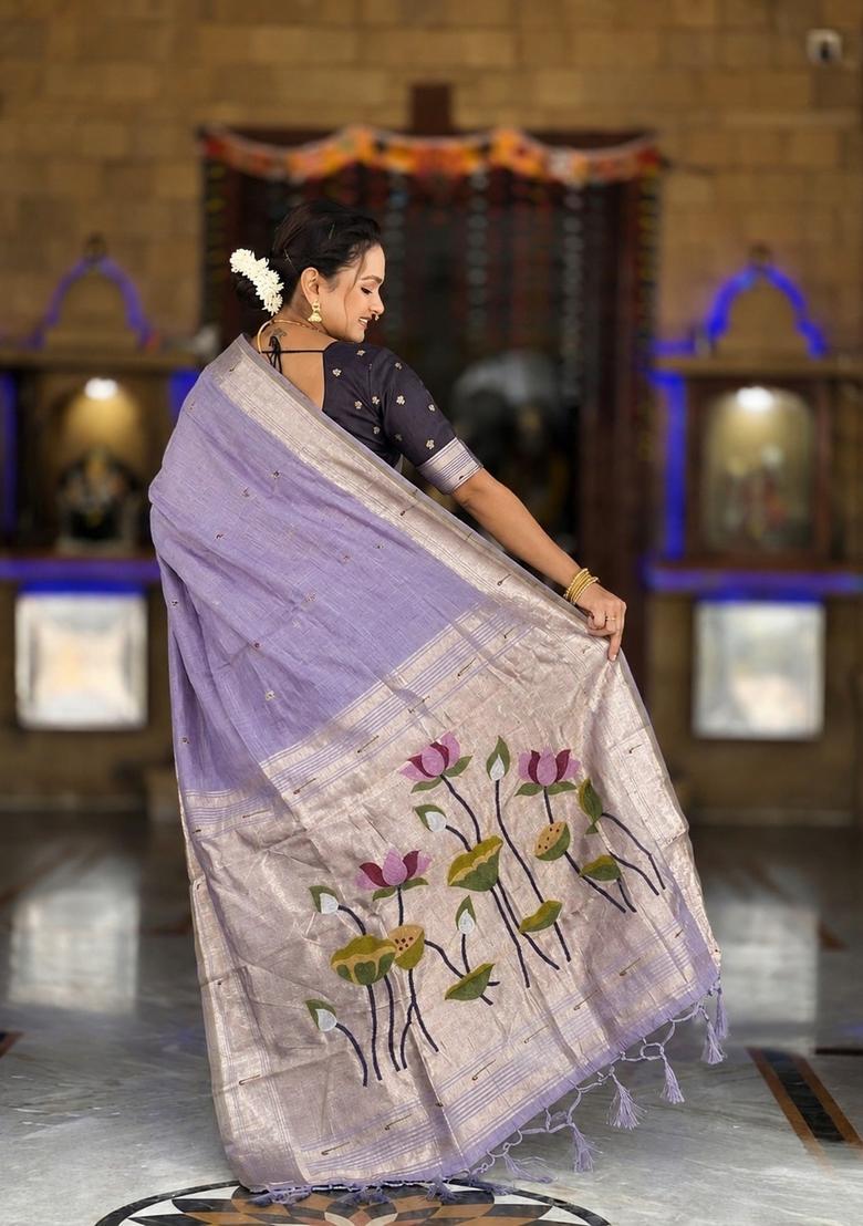 Lavender Zari Work Silk Saree Set - Indya