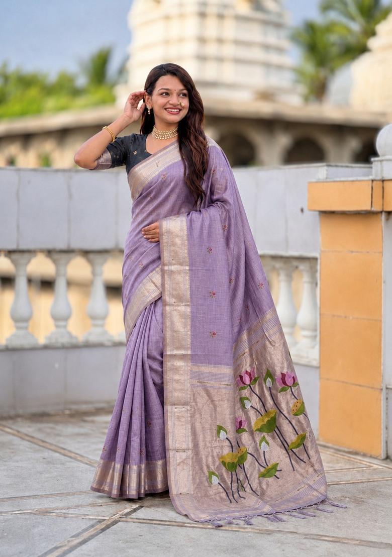 Lavender Zari Work Silk Saree Set - Indya