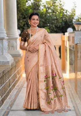 Peach Zari Work Silk Saree Set