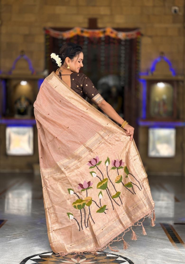 Peach Zari Work Silk Saree Set - Indya