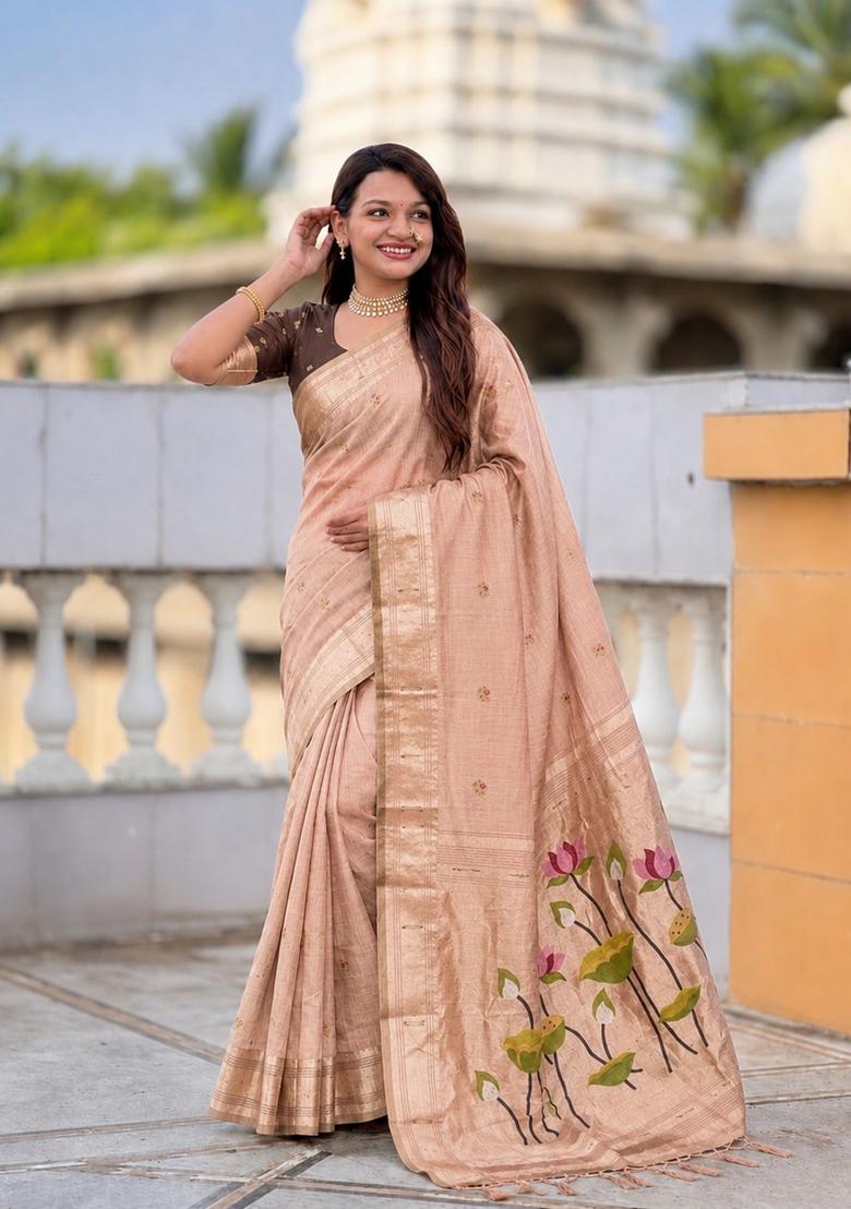 Peach Zari Work Silk Saree Set - Indya