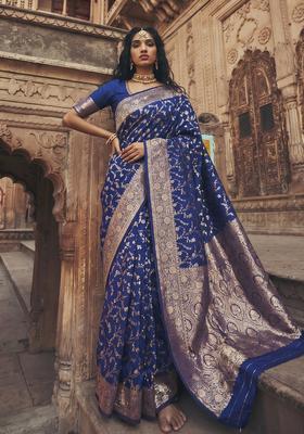 Blue Zari Work Silk Saree Set
