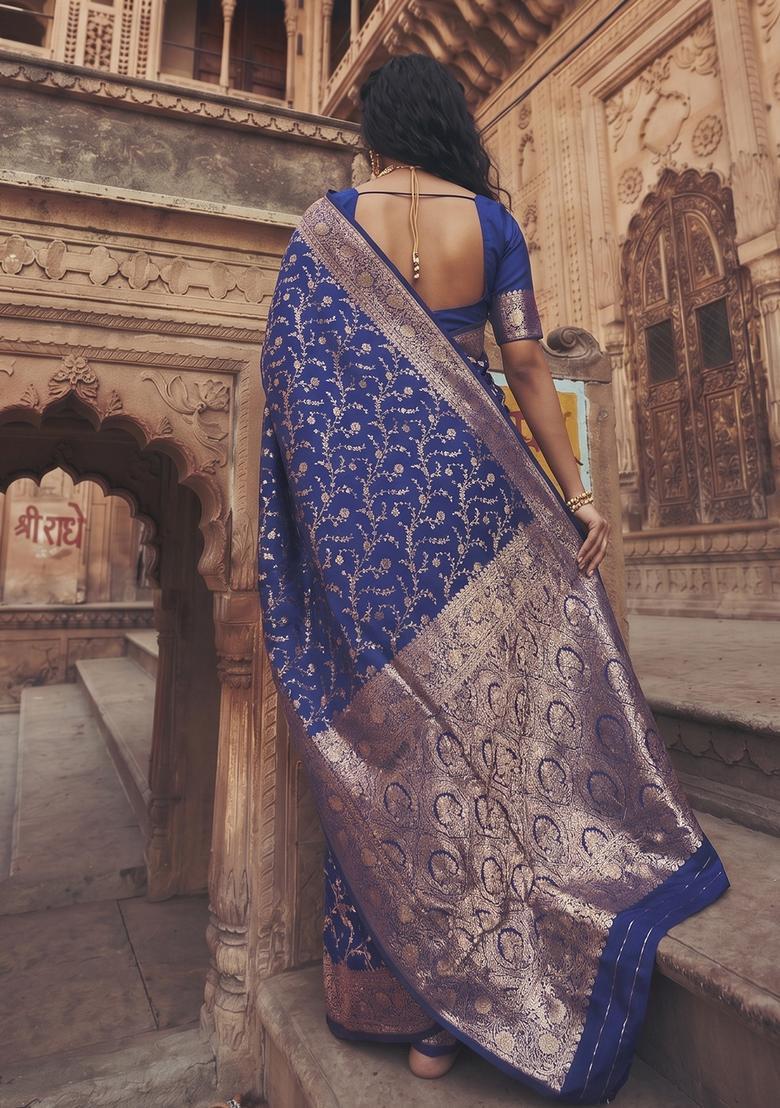 Blue Zari Work Silk Saree Set - Indya